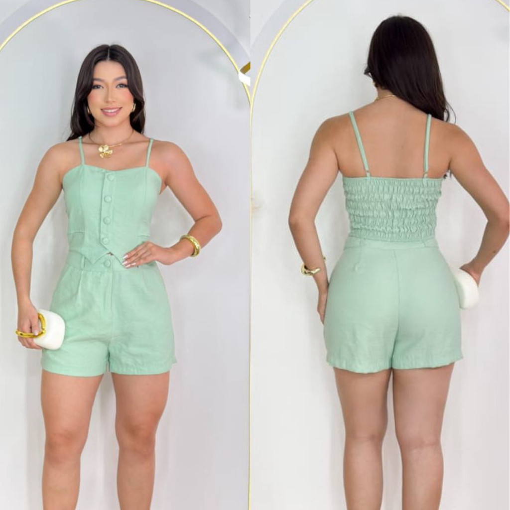 conjunto de short e cropped feminino com bolso na lateral e botões encapado sofisticado moda casual bem menininha