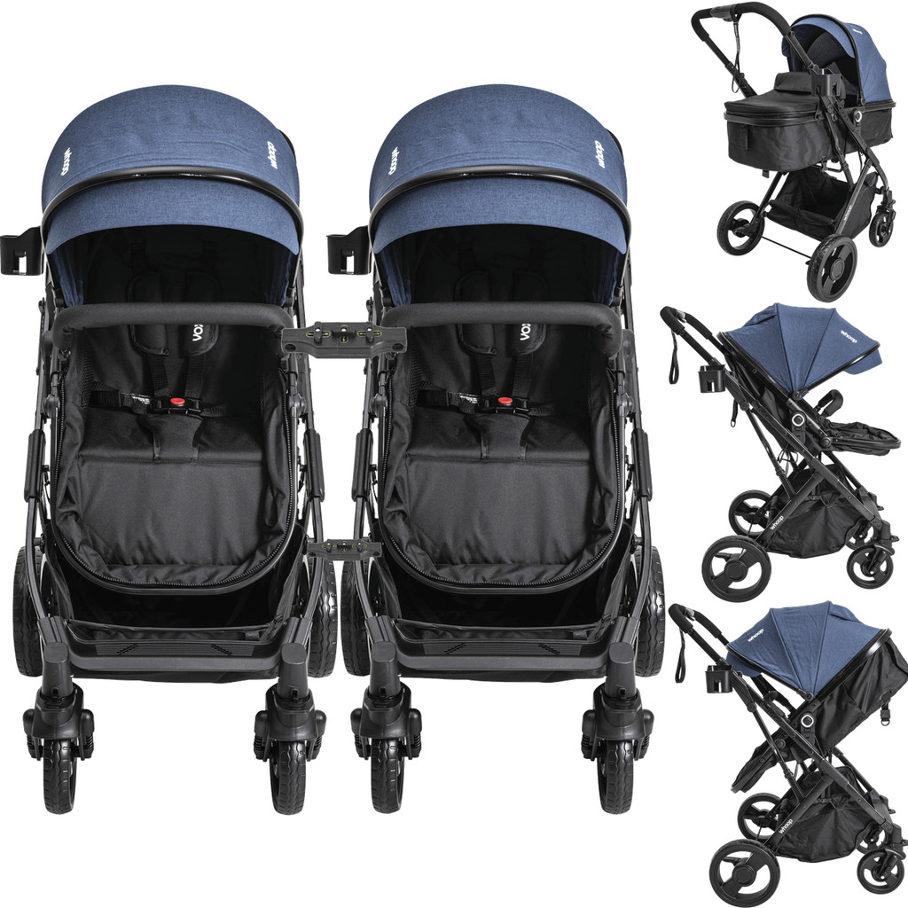 Carrinho Kiddo para Gemeos com Bebe Conforto Base Vox II Marinho