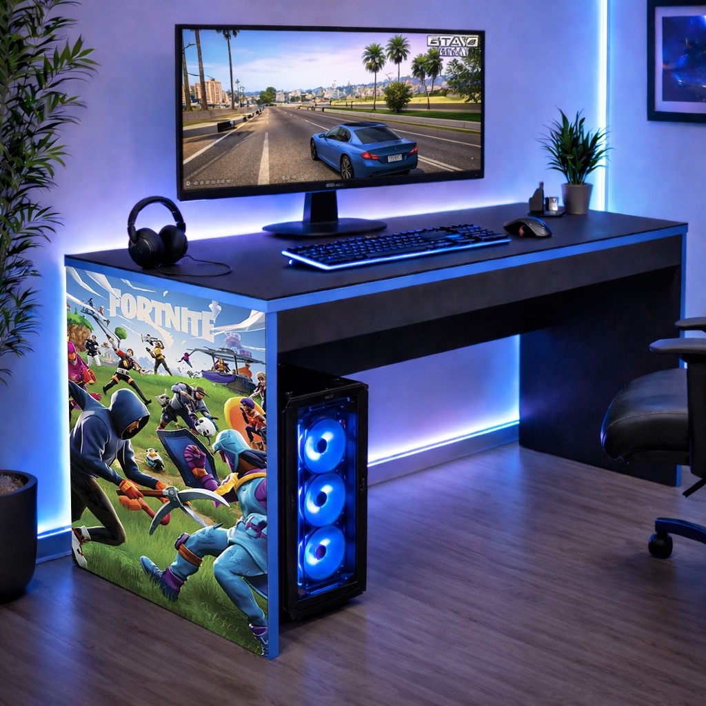 Mesinha Escrivaninha Infantil Gamer Borda Azul Fortnite Players 90 CM Achadinho Oferta