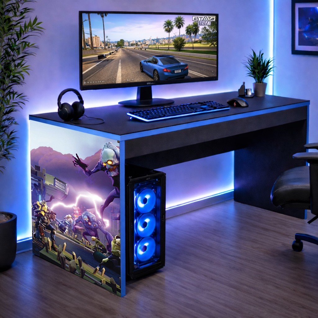 Mesa Gamer Escrivaninha Infantil Borda Azul com Tema FortNite para quarto Decorato Achadinho Oferta