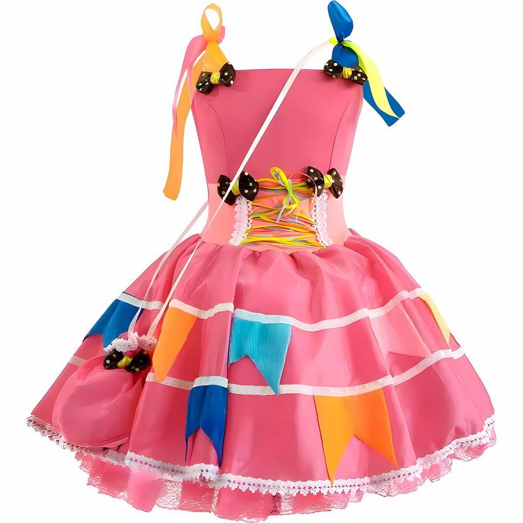 Vestido Rosa de Festa Junina pra Mulher Adulta de Luxo Rodado Com Bandeirinhas e Bolsa em Oferta na Shopee
