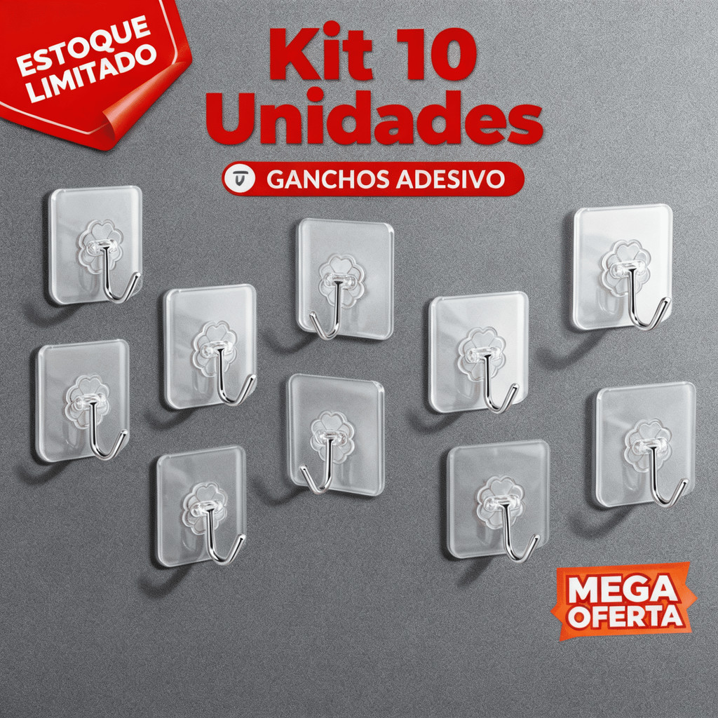 Kit 10 Ganchos Adesivos Funcional Autocolante Casa Cozinha Quarto Banheiro Organizado Parede Transparente