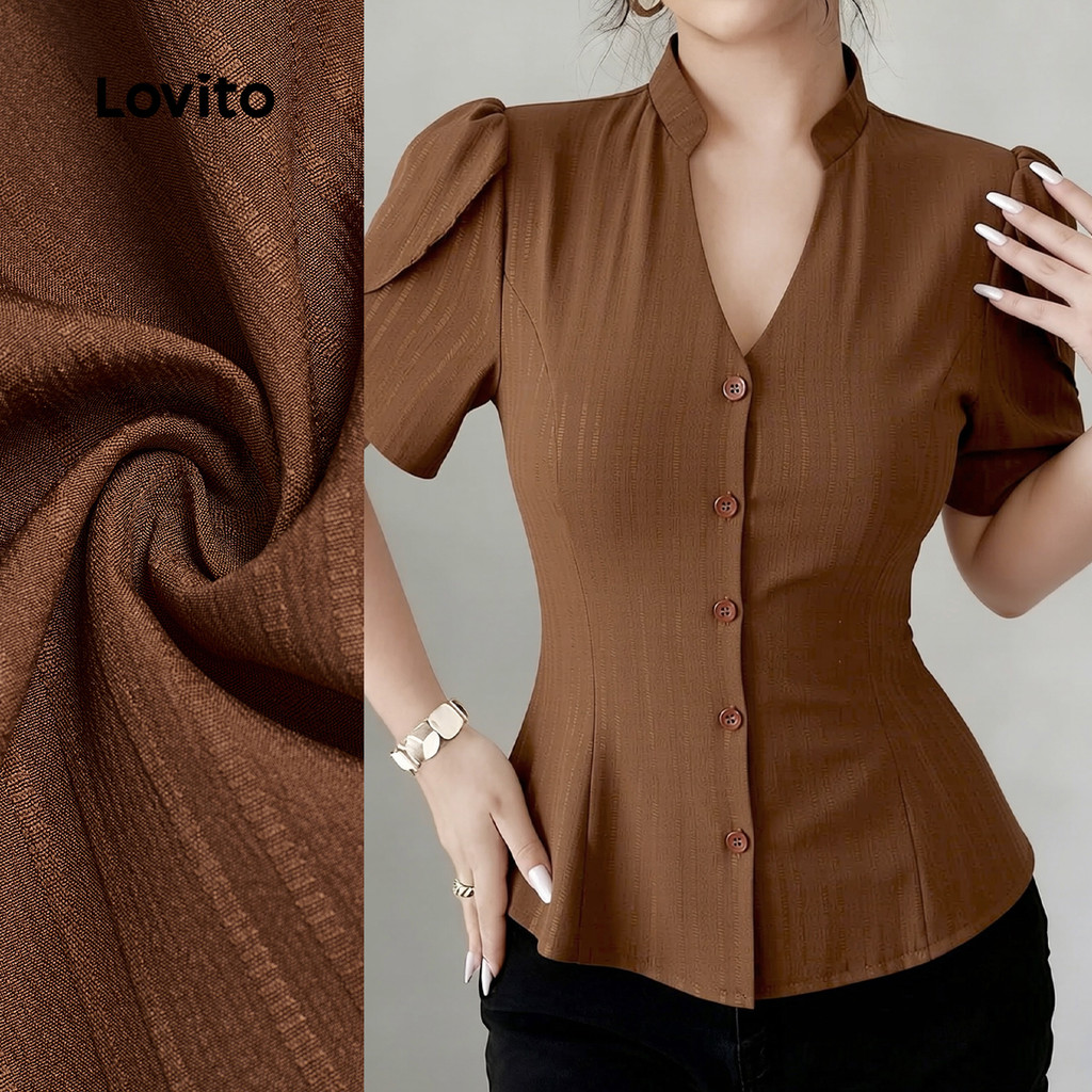 Lovito Blusa Casual em Tecido Texturizado Botão Primavera/verão Blusa Marrom para mulheres L165ED621 em Oferta na Shopee