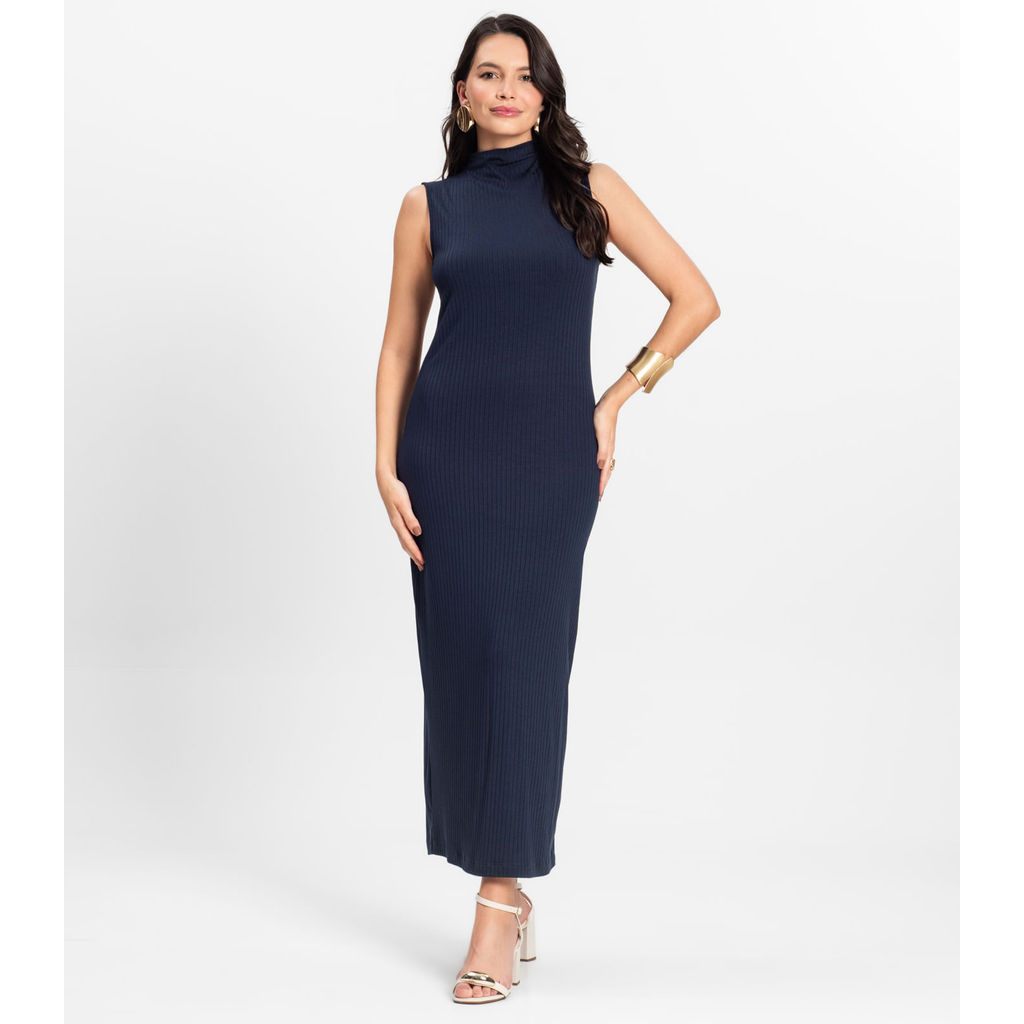 Vestido Midi Ribana Canelada Rovitex Azul em Oferta na Shopee