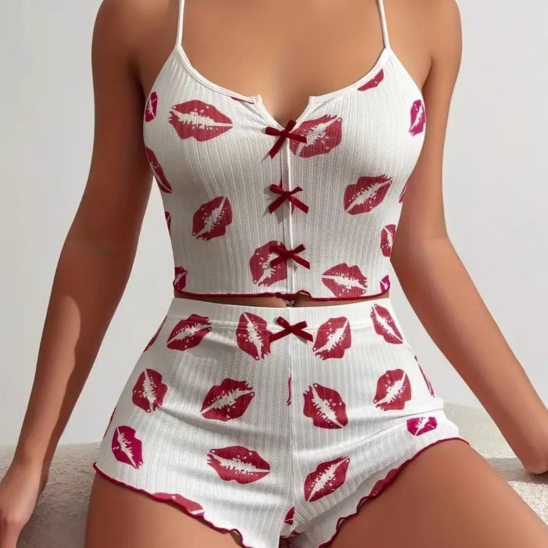 Imagem Shorts suspensores Feel Bow Multicolor Impresso Leite Seda Terno Confortável Loungewear 2026.2.282026.2.28