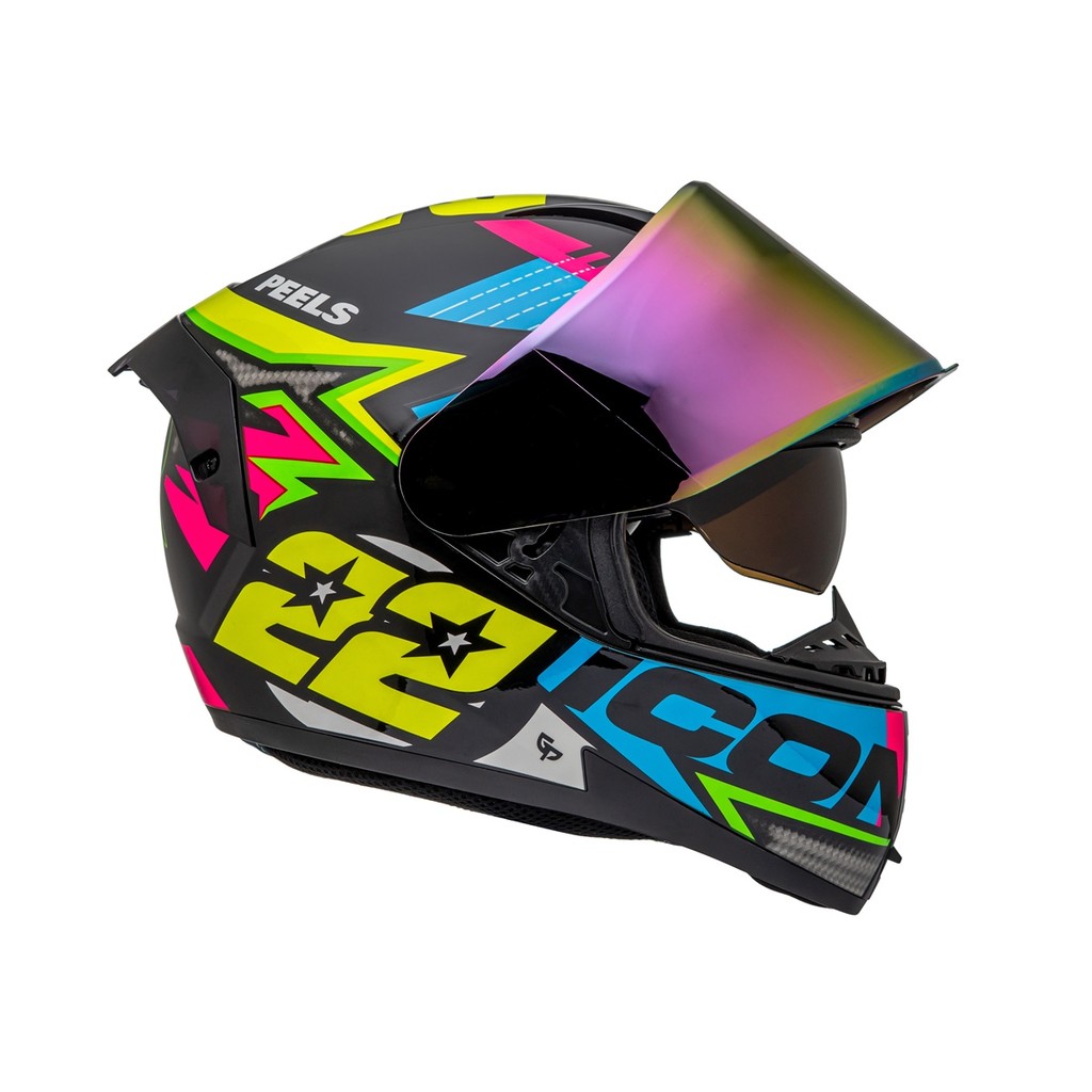 CAPACETE MOTOCICLISTA PEELS ICON PRO RT PRETO AMARELO COM ÓCULOS FUME + VISEIRA CRISTAL EXTRA