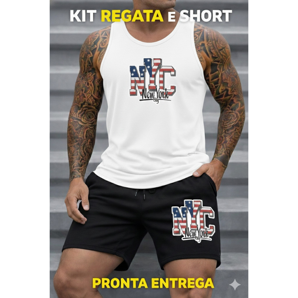 Kit Conjunto NYC Fio 30.1 Regata e Bermuda Moletom PREMIUM Confortável Lançamento Toque Macio Envio Imediato