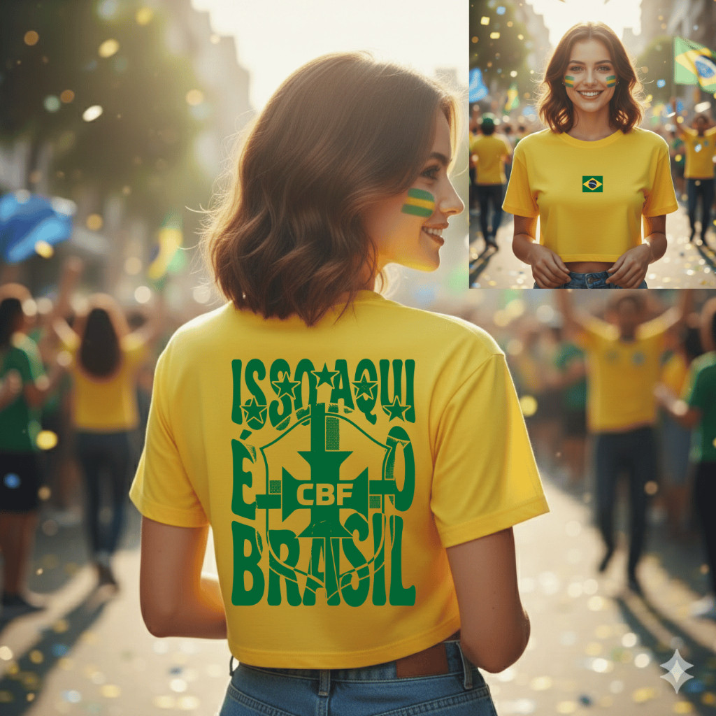 Cropped Feminino Brasil Torcedora Camiseta Curta Estampa Brasil Futebol Seleção Brasileira Algodão Premium