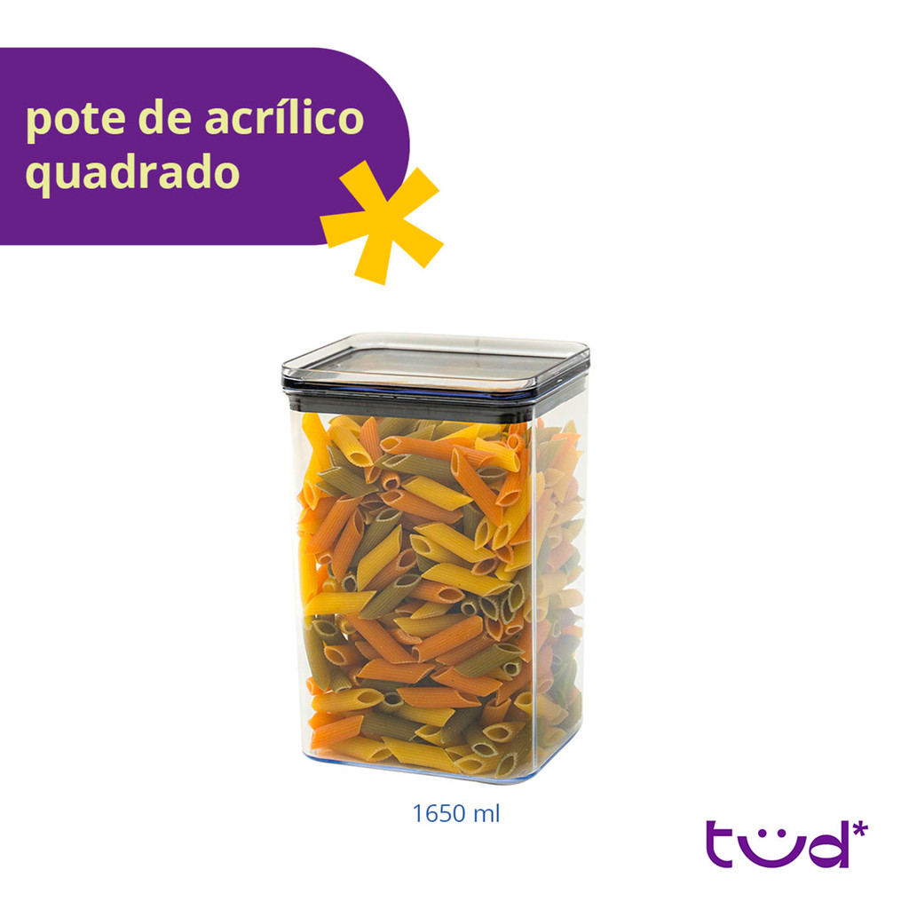 Pote de acrílico 1,6L com tampa hermético quadrado - Tüd — imagem 2 de 2