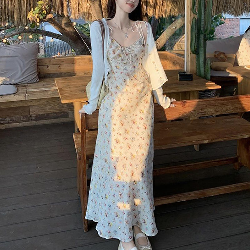 Chá Break estilo francês cordão rendas estilingue vestido verão novo estilo primeiro amor saia Floral cintura estreita s