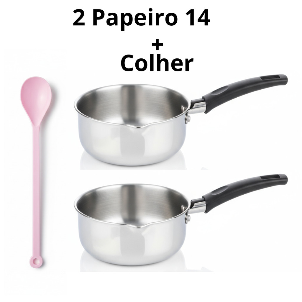 KIT 2 Panelas Papeiro de Alumínio para Papinhas Pure Mingau Comida N14 Mais Colher Rosa
