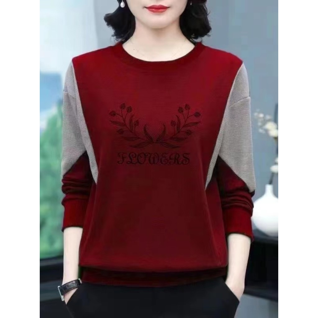 Camiseta feminina de manga comprida de algodão puro primavera outono 2025 novo estilo mãe de meia-idade moletom solto ta