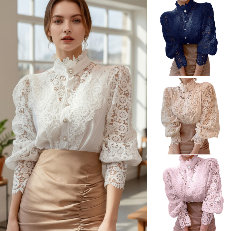 Blusa Feminina de Renda Estilosa Camisa De Manga Longa Escritório Com Botões Vazados Collar Blusas De Algodão