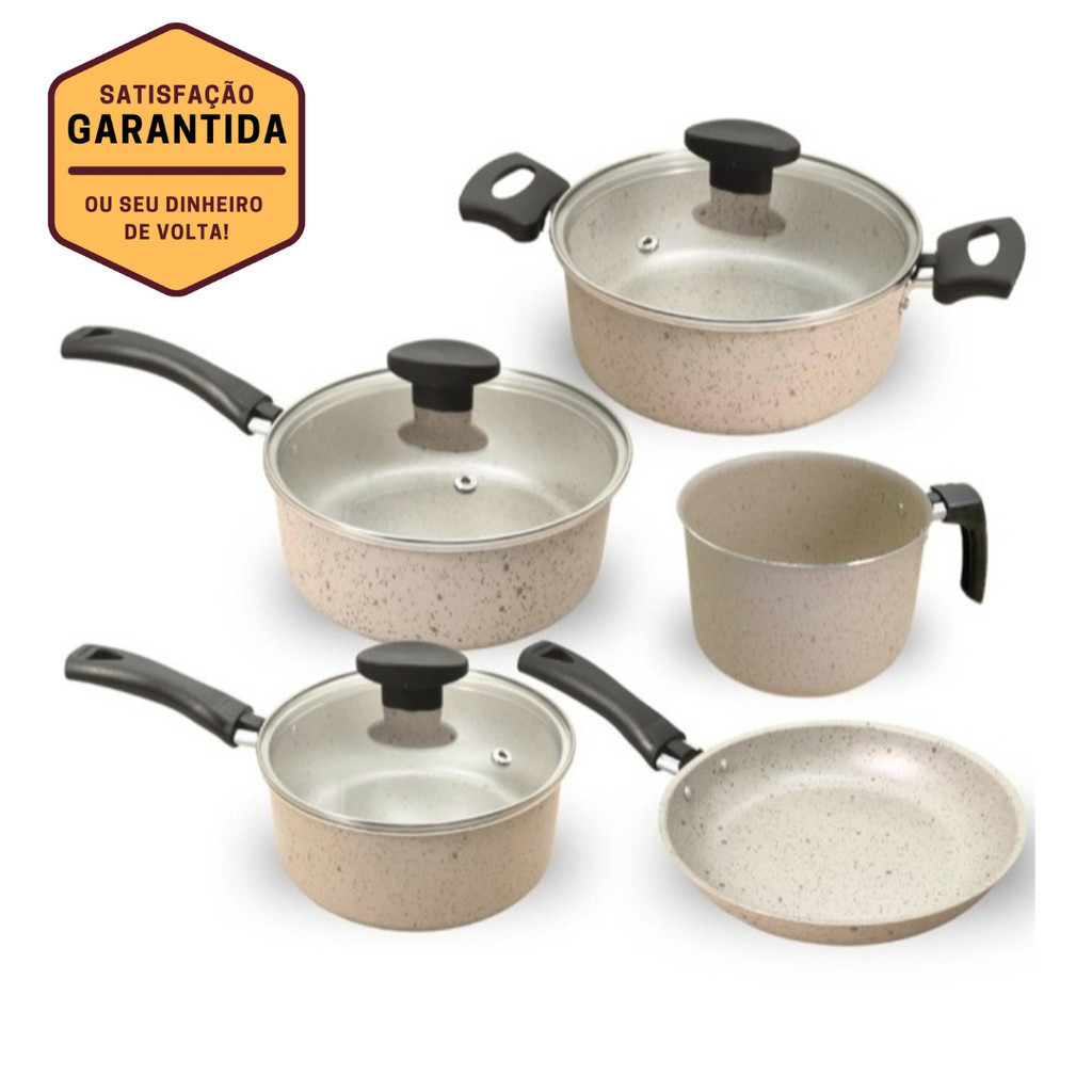 Imagem Kit de Panelas Marfim Antiaderente 8 Peças Teflon Premium – Alta Qualidade