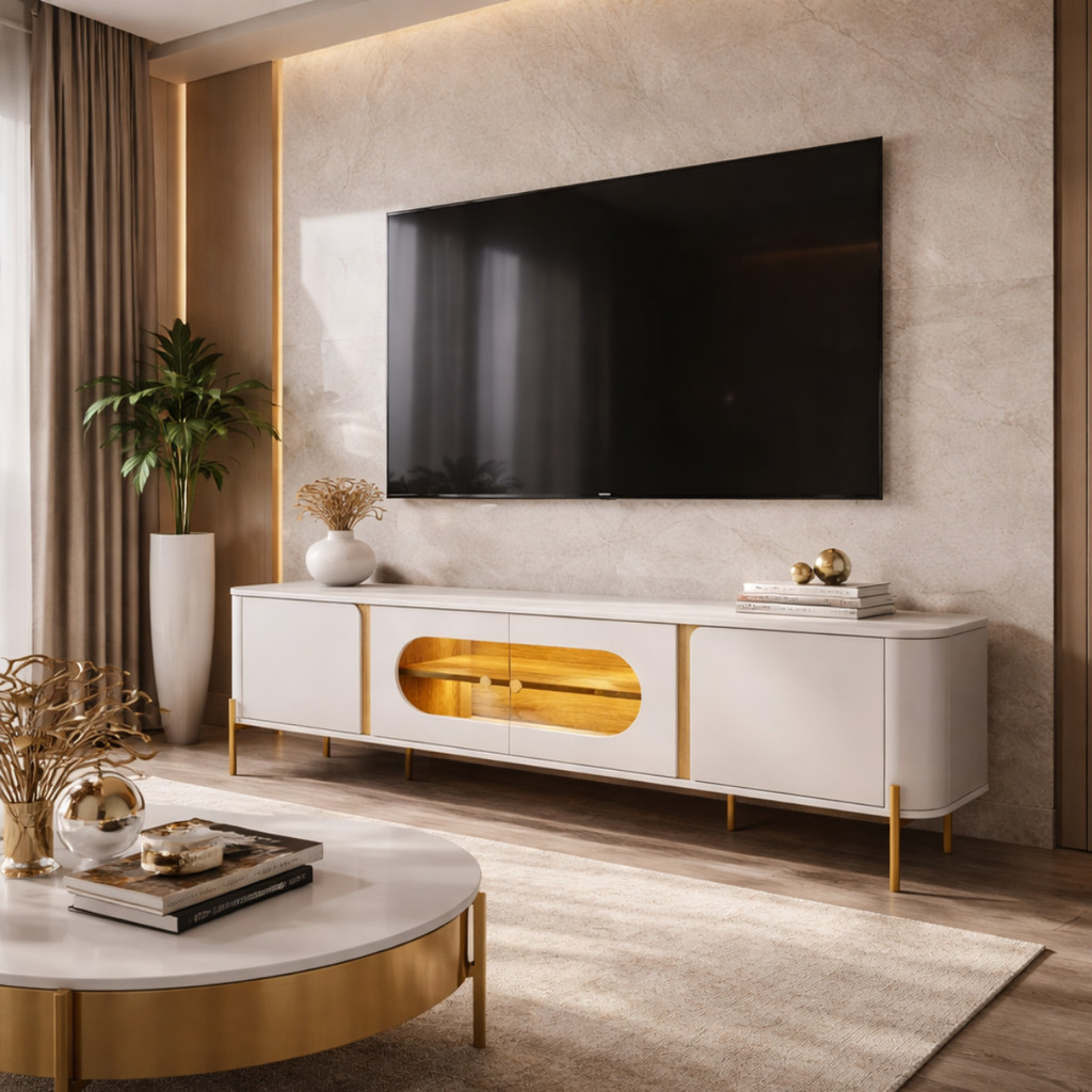 Rack TV 75" 180cm Sala De Estar Com LED E Vidro Pés Em Aço MDF Juquehy