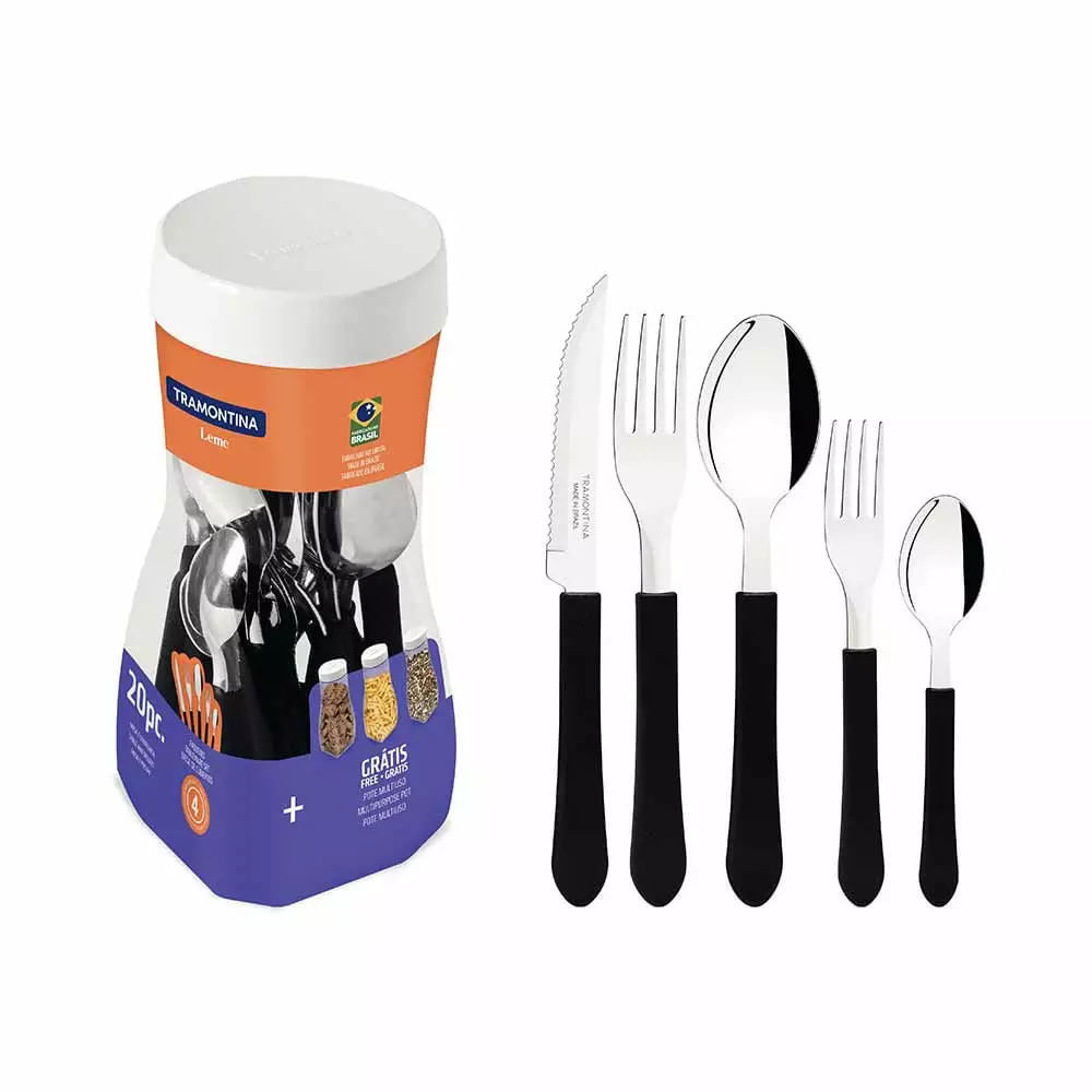 Faqueiro Tramontina Leme em Inox com Cabo Preto 20 Peças em Oferta na Shopee