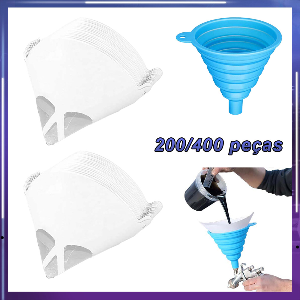 Kit Filtro Tinta Automotiva 200/400 Unidades Papel 15cm - Malha Fina 190 Microns, Inclui Funil Silicone Azul Dobrável
