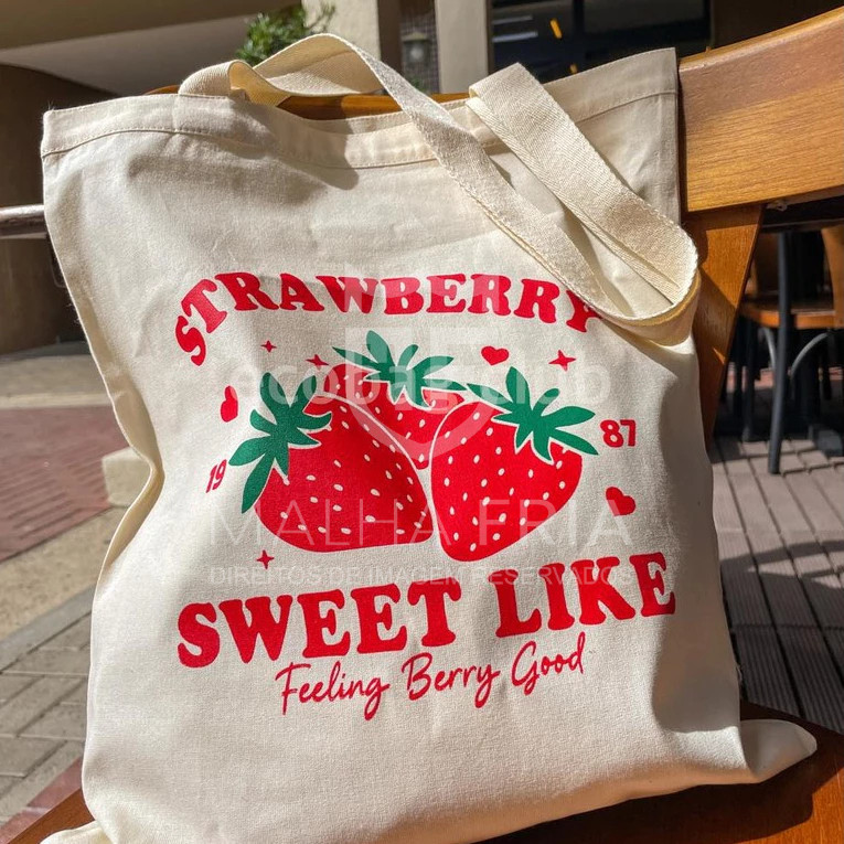 Bolsa Ecologica Sacola Ecobag Strawberry Morango tamanho 33x40cm