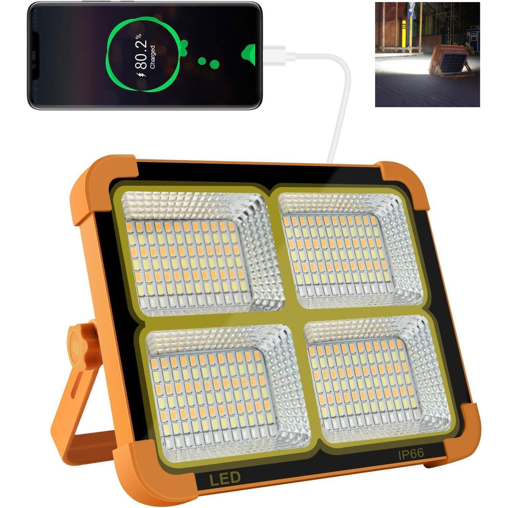 Refletor LED Solar Recarregável, Luz Portátil para Iluminação de Emergência e Acampamento ao Ar Livre