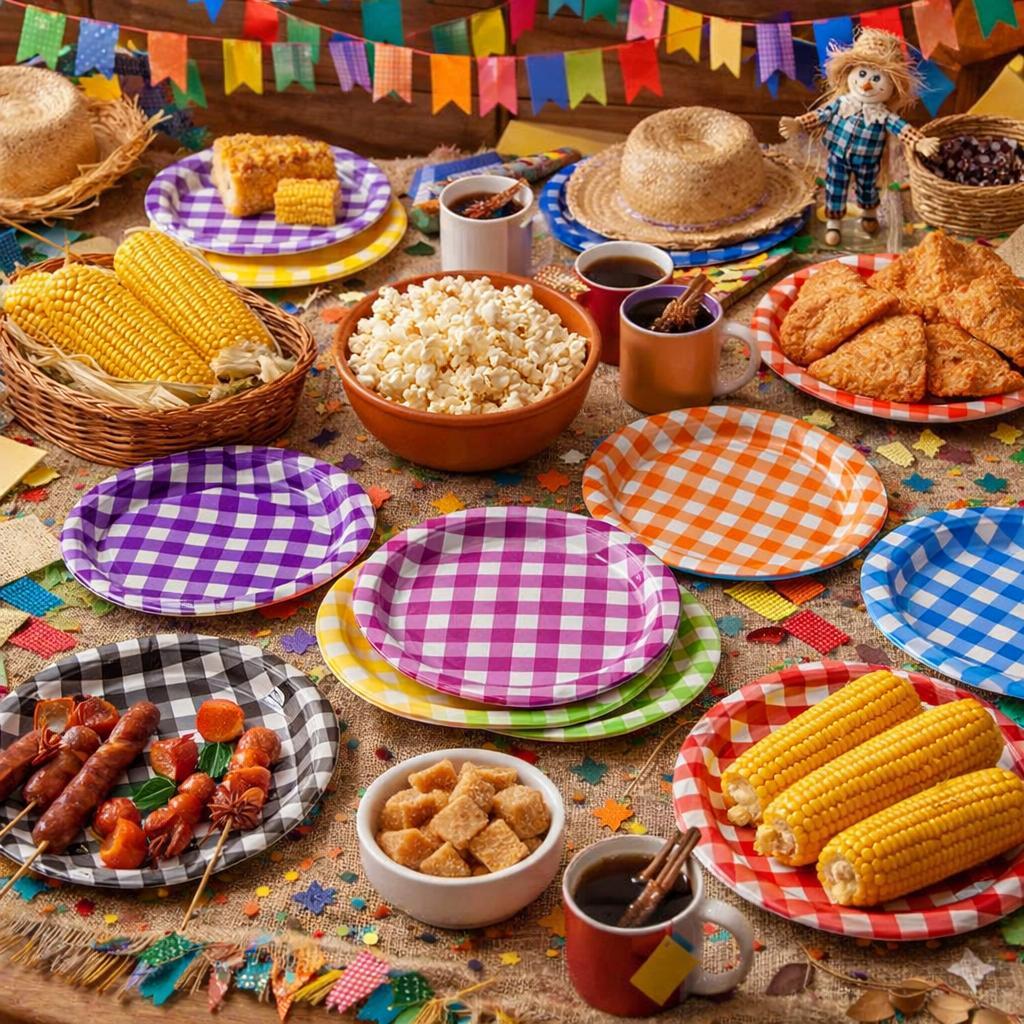 Kit de Pratos Xadrez De Papel 22CM Junina/São João Decoração- 10 unidades
