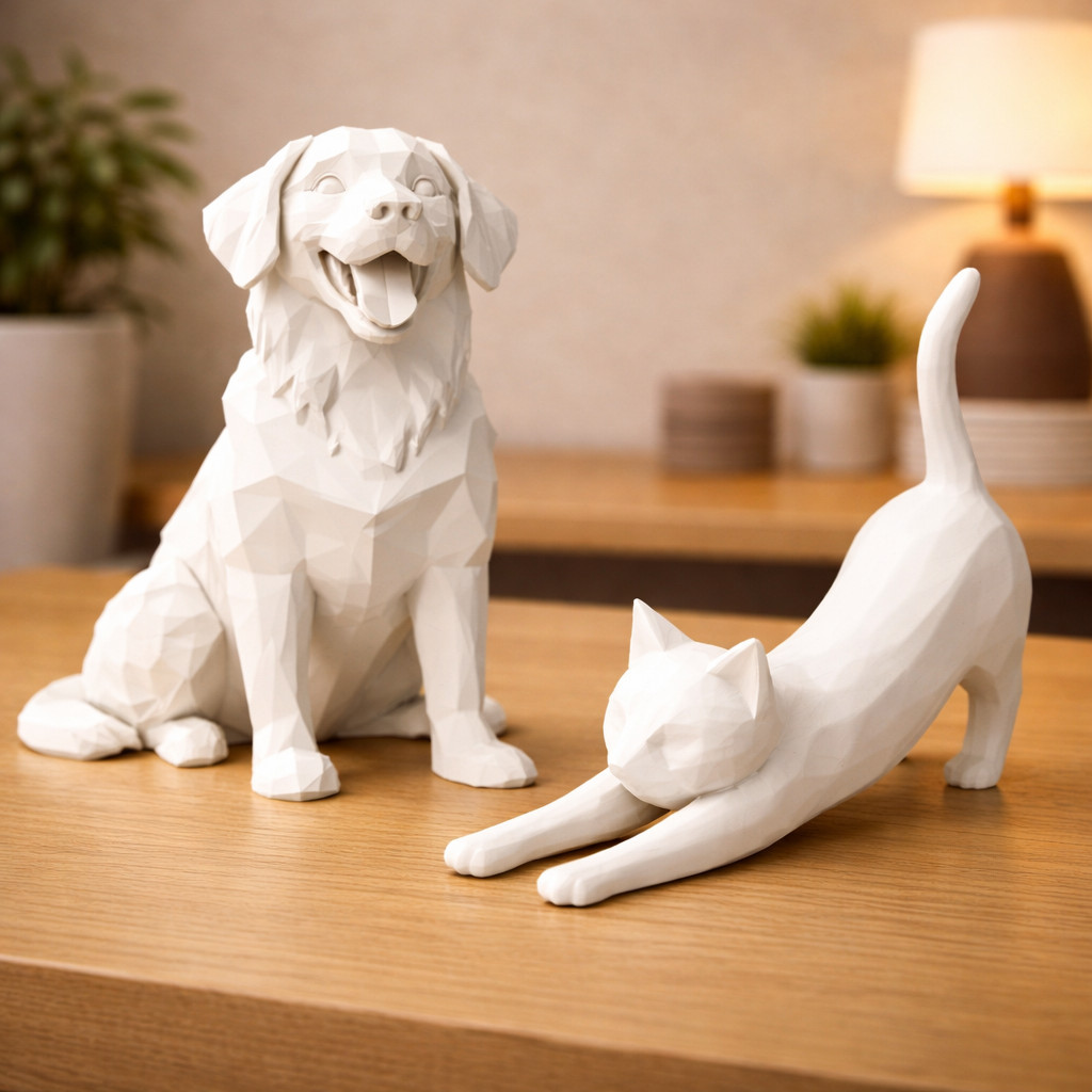 Escultura Cachorro e Gato Decorativo Enfeite Pet Estatueta Moderna Decoração Sala Casa Minimalista
