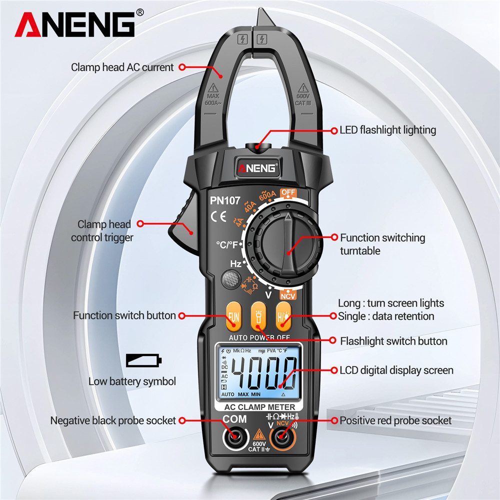 Alicate Amperímetro Digital ANENG PN107 True RMS ACTemperatura Multitester