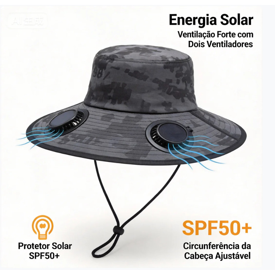 Chapéu de Pescador Solar com 2 Ventiladores Ventilação Forte SPF50+ Ajustável Frete Grátis