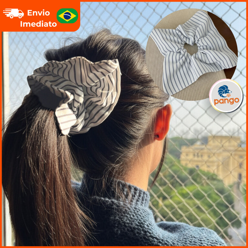 Xuxinha Coreana Listrada Cinza Aesthetic Scrunchie Oversize Hair Estilo Dorama K-Fashion 1/2/3 unid