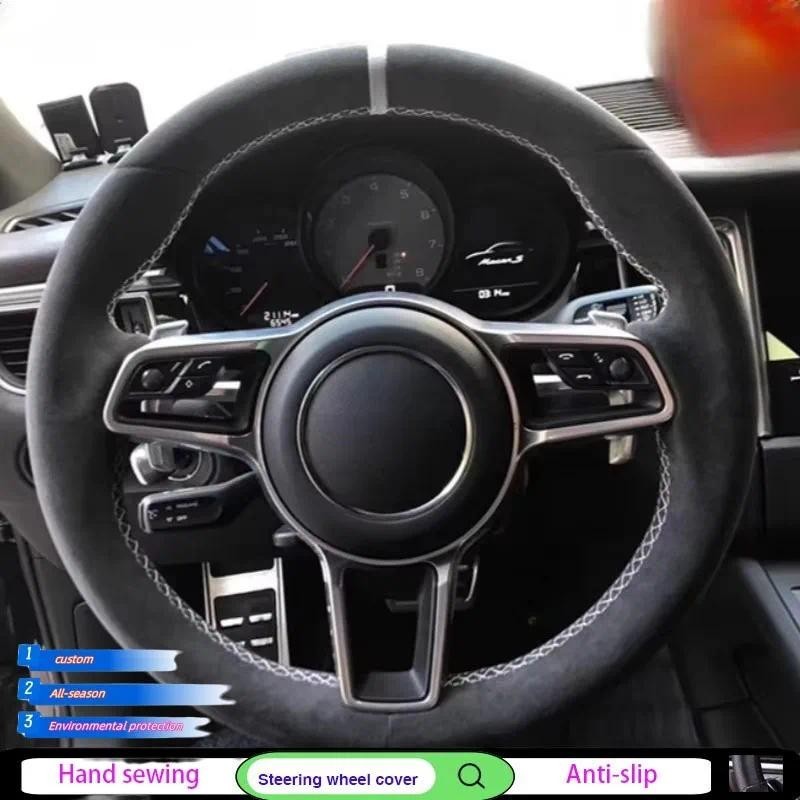 Personalizado Camurça Preta Couro Genuíno Para Porsche Macan Cayenne 718 2015 2016 Capa De Volante Do Carro Acessórios P