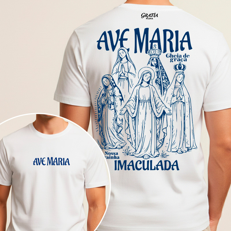 Camiseta Ave Maria Imaculada Nossa Senhora 100% Algodão Católica Unissex