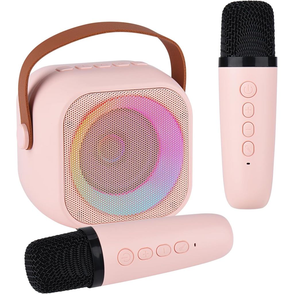 Máquina De Karaokê Para Crianças E Adultos , Mini Alto-Falante Portátil Bluetooth Com 2 Microfones Luzes Sem Fio , Brinq