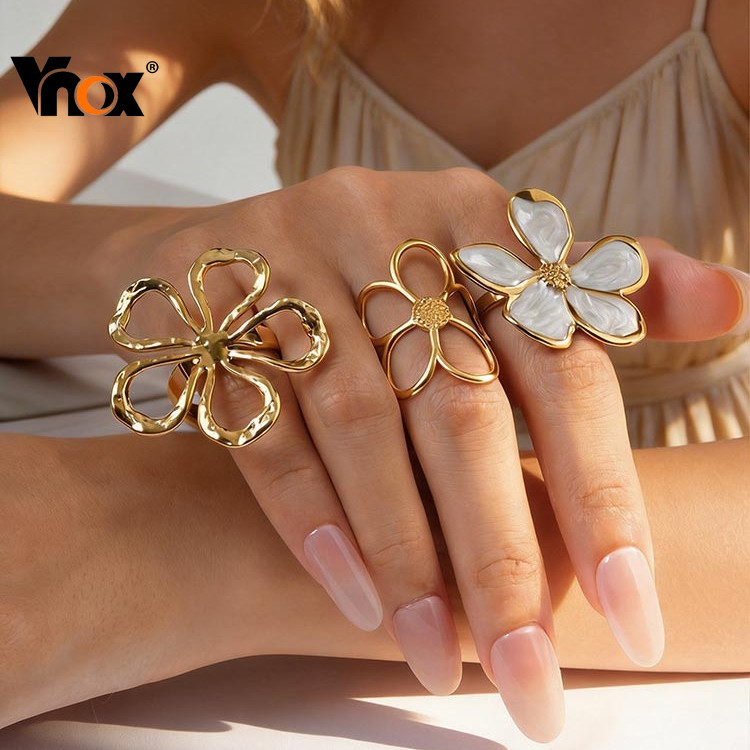 Anel De Abertura De Flor Vnox Para Mulheres E Meninas , Joias Grandes Grossas De Aço Inoxidável Em Ouro 18K