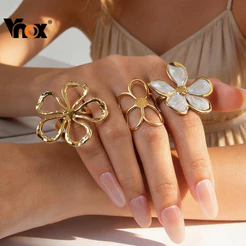 Anel De Abertura De Flor Vnox Para Mulheres E Meninas , Joias Grandes Grossas De Aço Inoxidável Em Ouro 18K
