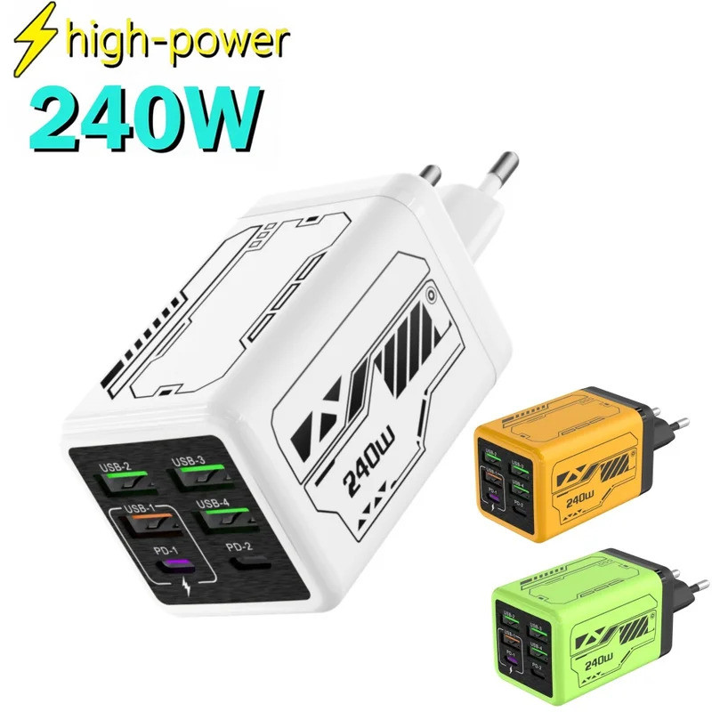 Carregador USB de 240W, 6 portas Type-C, carregamento super rápido, adaptador de carregador para celular, USB PD3.0, plu