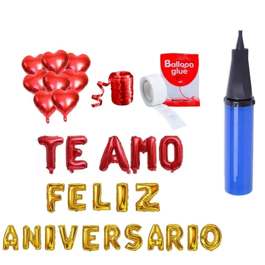 Kit 10 Balão Coração + Te Amo + Feliz aniversário + Fitilho + Adesivo Cola Balão + Bomba de Ar