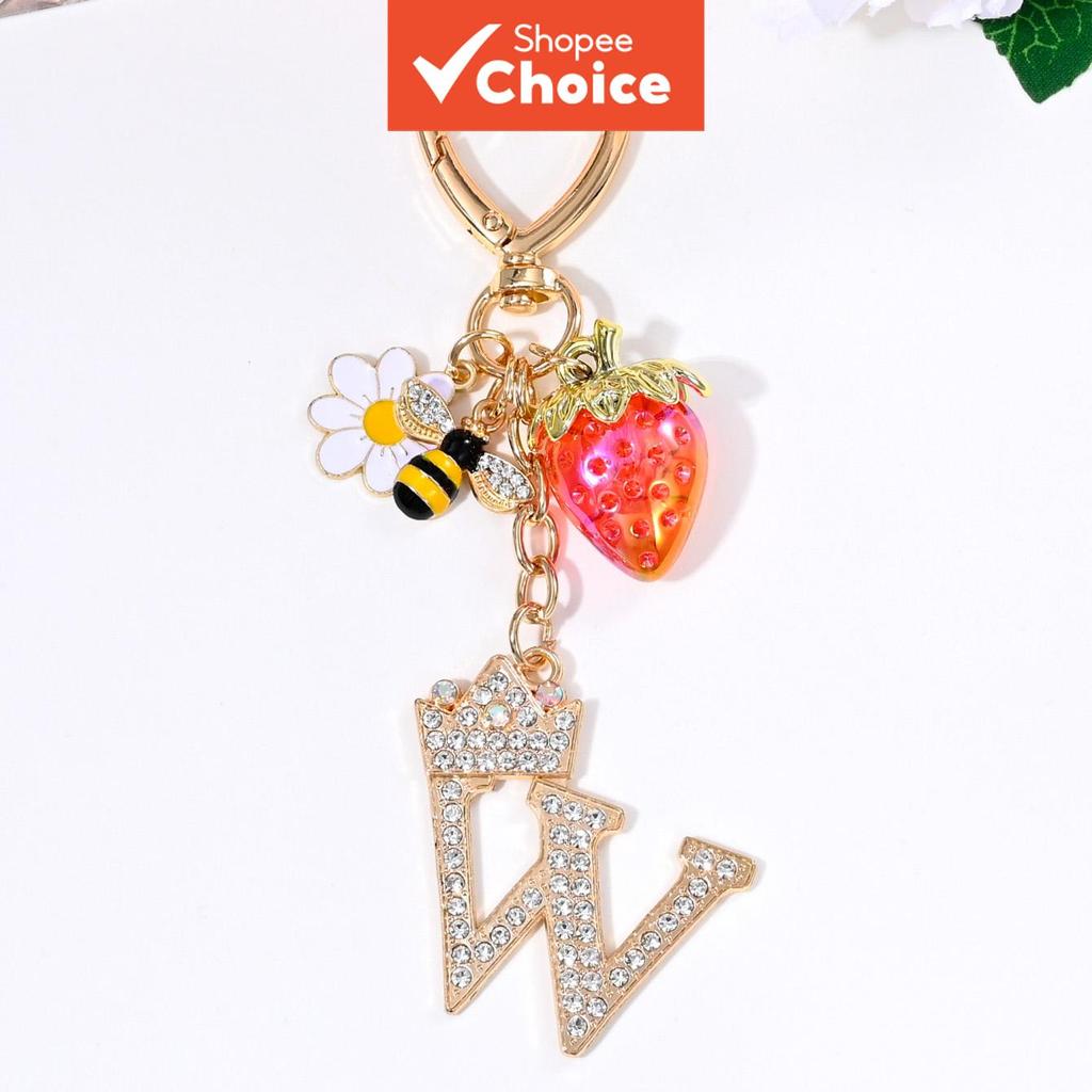 Chaveiro de Letra em Inglês 26 com Coroa de Diamante de Água Abelha Morango Colorido da Moda, Pingente Inicial,