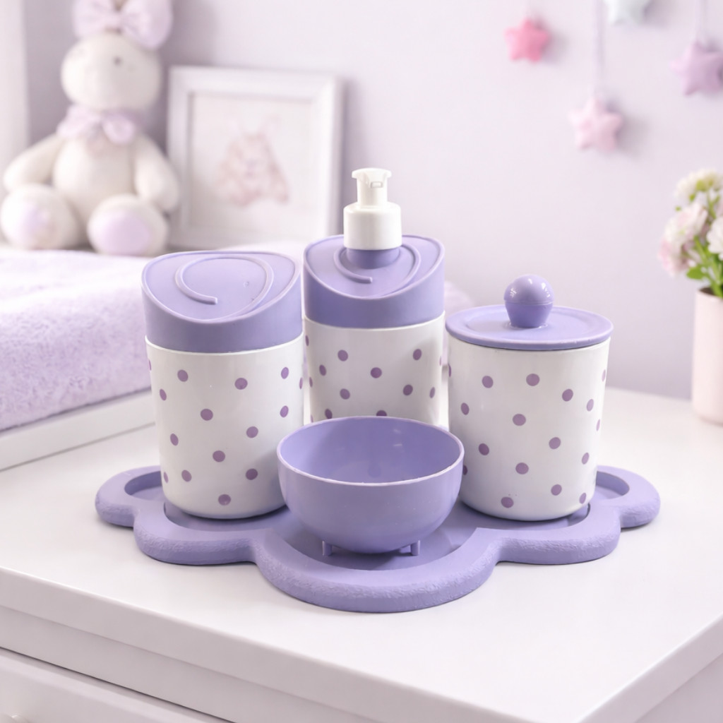 Kit Higiene Bebê Poa (Poá com bolinhas) c/Bandeja Artesanal Colorida Mdf
