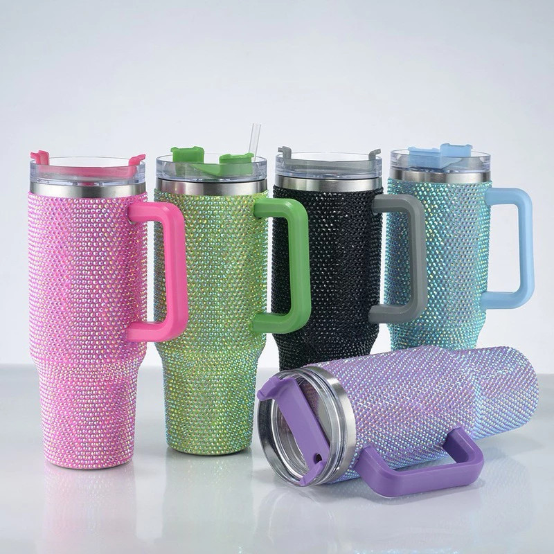 Copo Térmico 1200ml de Aço Inoxidável Strass Brilhante Com Tampa DIamante super Qualidade canudo ferro