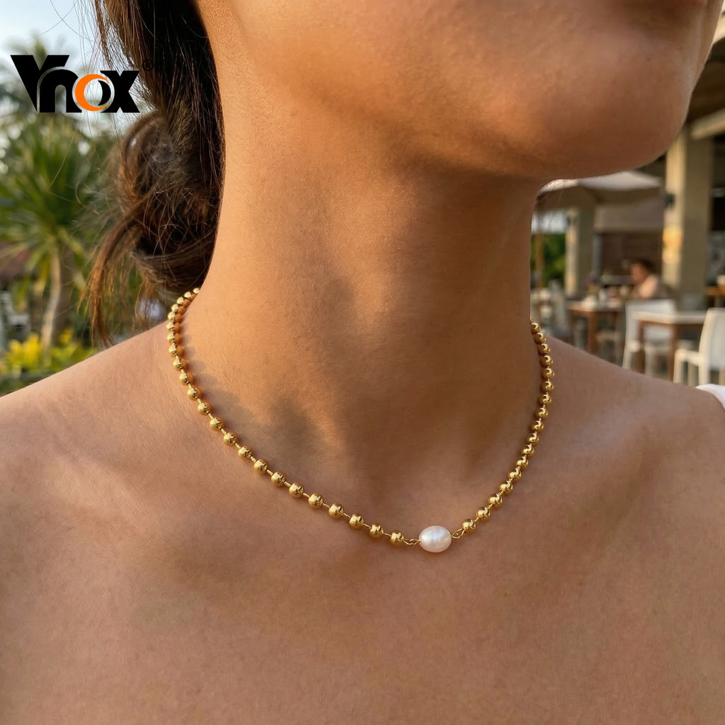 Vnox 18k Ouro Redondo Grânulo Pérola Colar Para Mulheres Menina , Anti Alergia Luz Luxo Elegante Jóias Presente