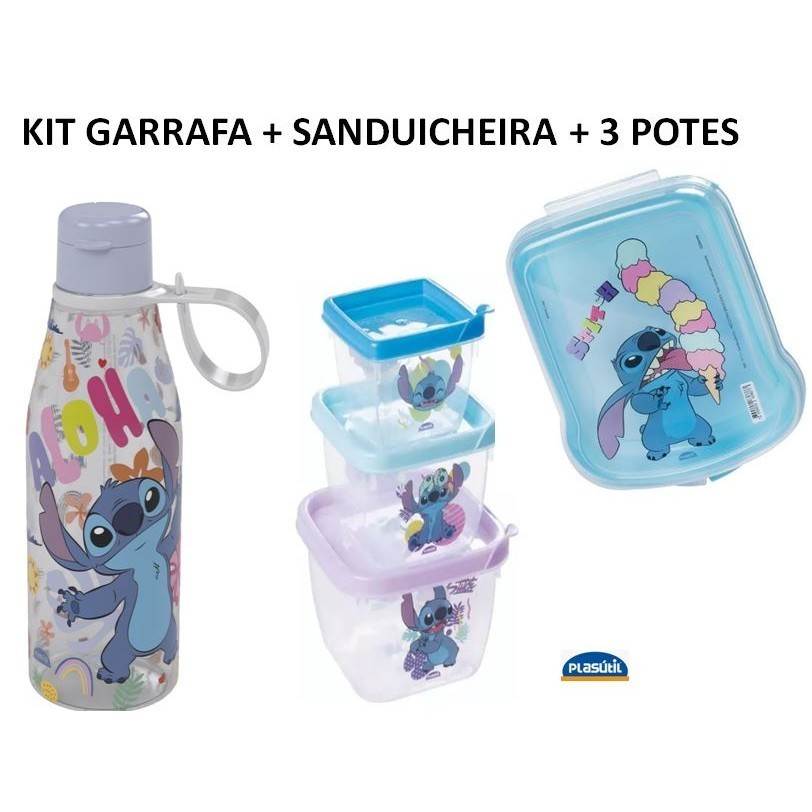 Kit 3 Potes Garrafa Sanduicheira Stitch Plasútil infantil lancheira plasutil DISNEY