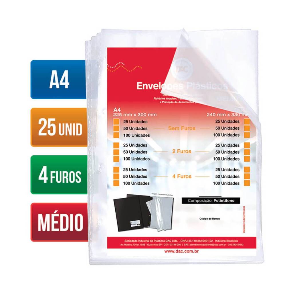 Envelope plástico A4 0.12 4 furos 5078A4 pacote com 25 unidades Dac em Oferta na Shopee