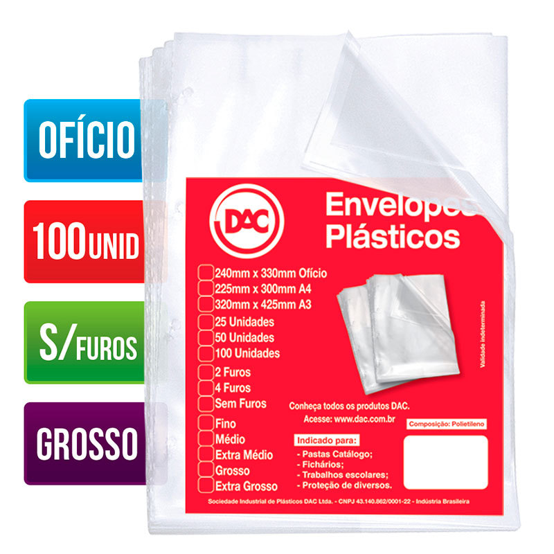 Envelope plástico ofício 0.15 s/furos 5075 pacote com 100 unidades Dac