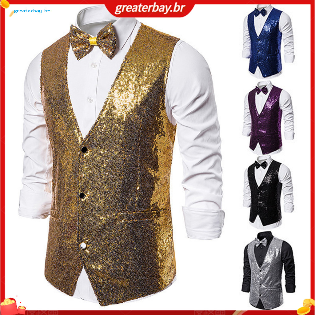 Men Polyester Suit Vest Stylish with Sequined Tie Men's Sequin Bow Set Slim Fit Sleeveless Waistcoat Single-breasted V-n