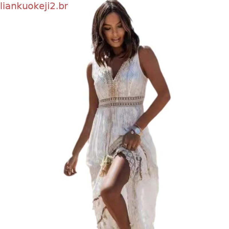 Vestido Feminino 2024 Verão Bohemiano Vestido Longo Transfronteiriço Vestido de Renda com Patches Flare Feminino