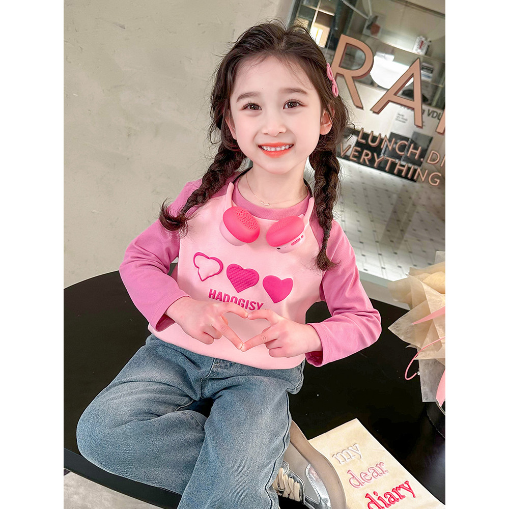 Meninas camiseta primavera outono novo estilo elegante solto médio pequeno crianças puro algodão de manga comprida camis