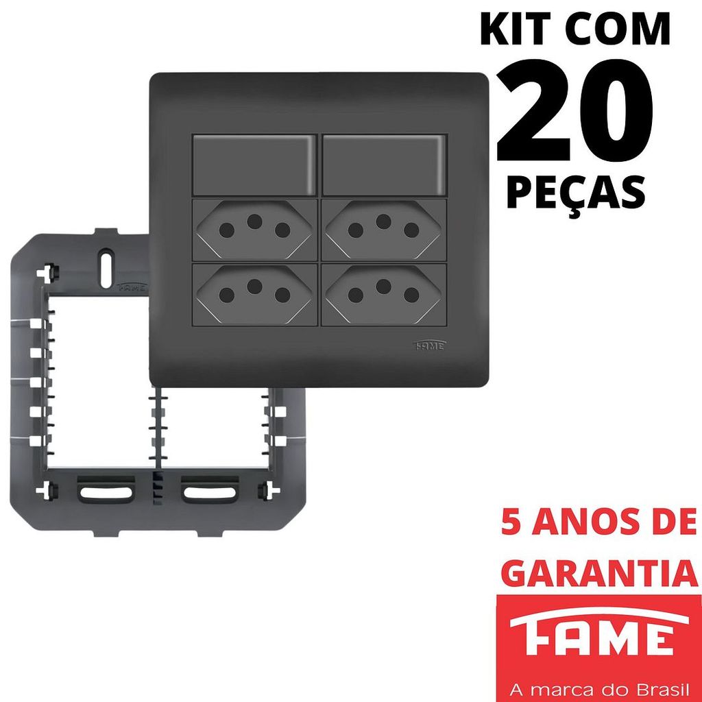 20un Interruptor Paralelo Three Way 10A 2 Teclas Tomada Padrão Quadrupla 2P+T 20A Com Placa 4X4 Habitat Black Preto FAME