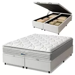 Cama Box Baú Casal Queen Colchão Molas Ensacadas Granville Com Pillow 158x198x69cm Branco Probel