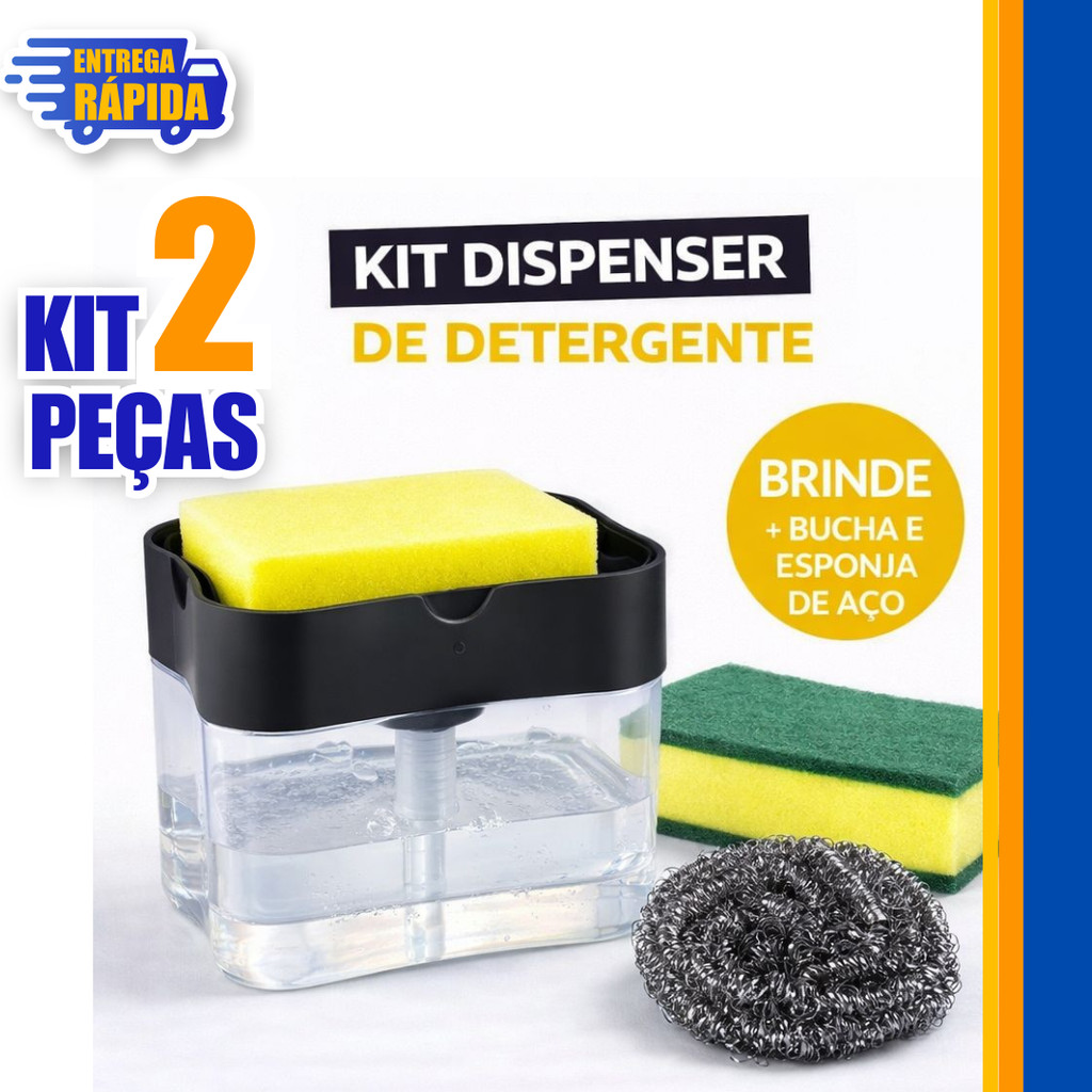 1 Esponja de Aço + 1 Dispenser Para Detergente Sabao 2x1 Porta 1 Bucha Esponja Limpeza Cozinha