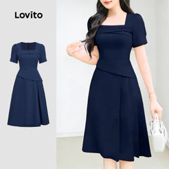 Lovito Elegante Vestido Assimétrico Plissado Requintado Primavera/verão Azul Marinho para Mulheres. L172ED402