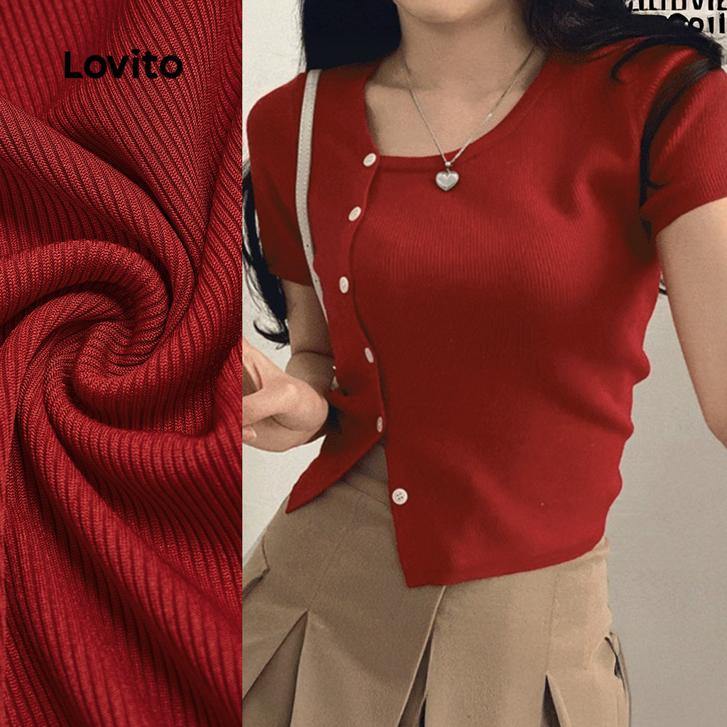 Lovito  Camiseta Casual Botão Frontal Assimétrica Primavera/verão Vermelha para Mulheres L172ED1009 em Oferta na Shopee
